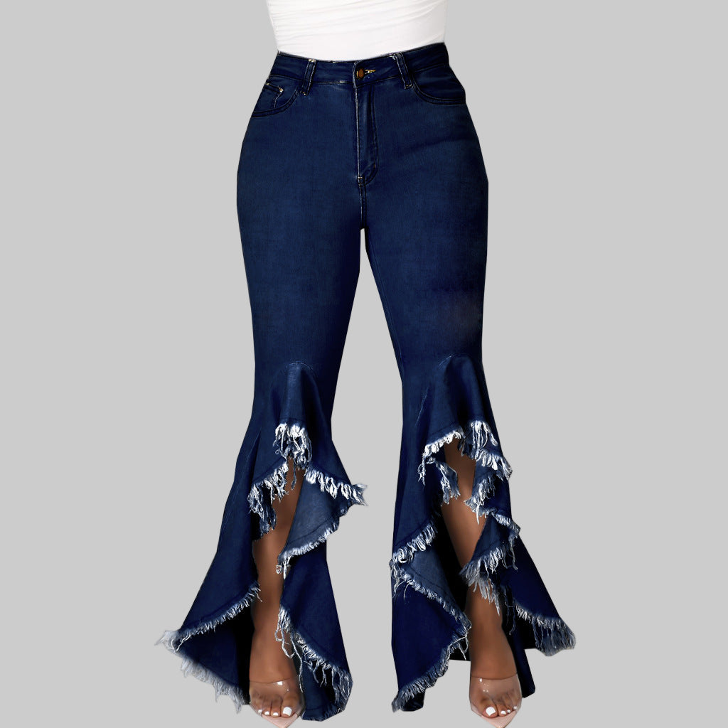 Ripped Washed Denim Stretch Slim Bell Bottom Jeans - Modestly Vogue 