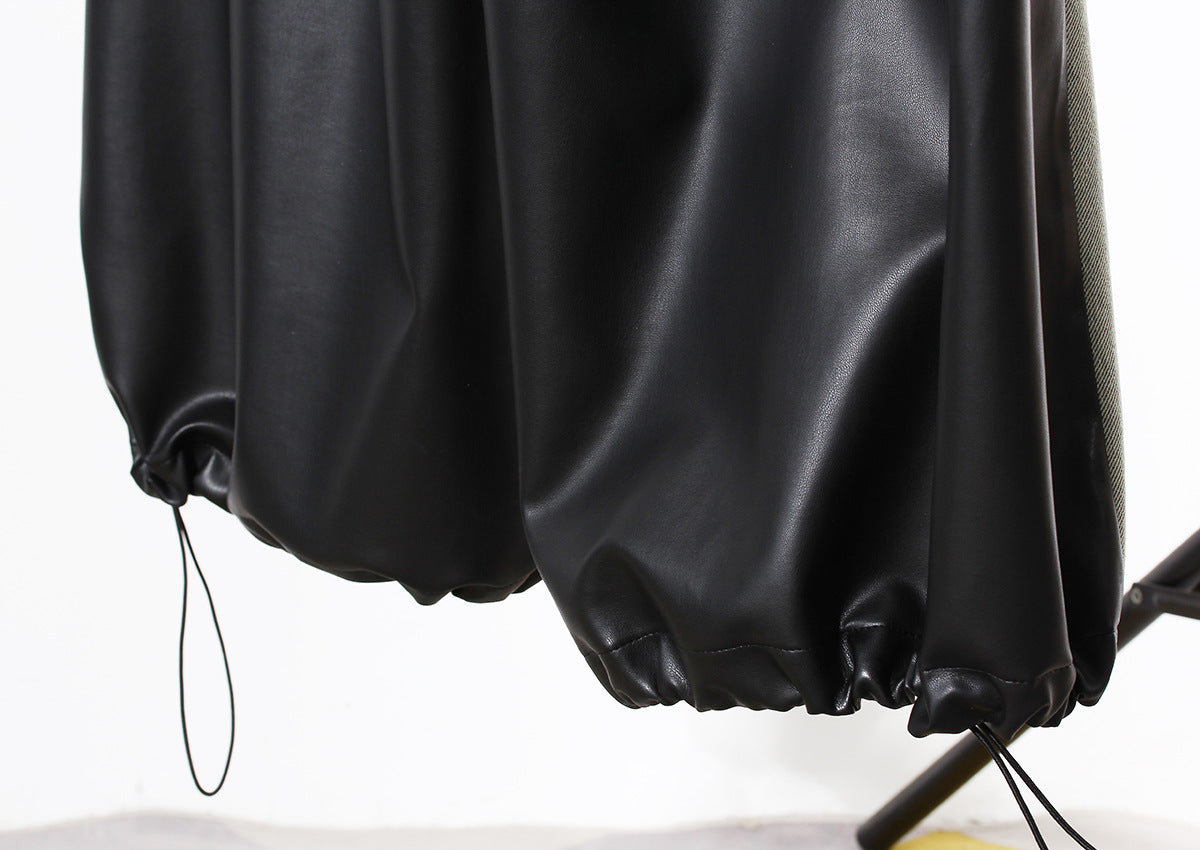 Niche Contrast Color Jeans Women Winter Thick Loose Retro Washed Stitching Contrast Color Leather Wide Leg Pants - Modestly Vogue 