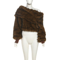 Brown Fur Cropped Of The Shoulder Loose Comfortable Plush Top - Modestly Vogue 