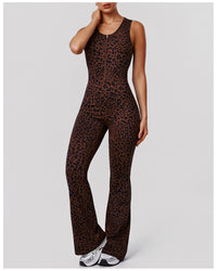 Leopard Print Hip Lifting Jumpsuit Backless Yoga Bodysuit Casual Sportswear with Chest Pad - Modestly Vogue 