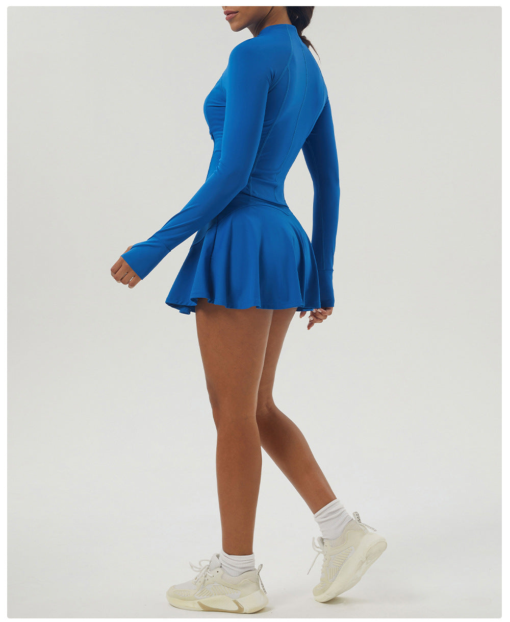 Sports Tennis Skirt Set Pocket Zipper Jacket High Elastic Casual Culottes Two Piece Set - Modestly Vogue 