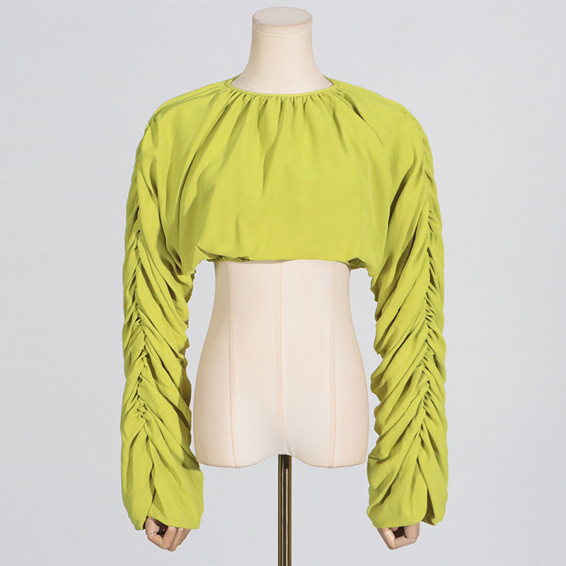 Lantern Sleeve Tied Top High Waist Drooping Skirt Two Piece Clothing - Modestly Vogue 