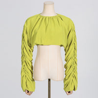 Lantern Sleeve Tied Top High Waist Drooping Skirt Two Piece Clothing - Modestly Vogue 