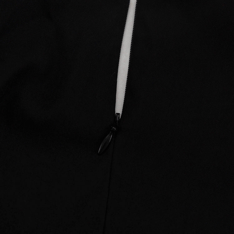 Black & White Color Contrast A-Line Dress – V Neck Flared Sleeves