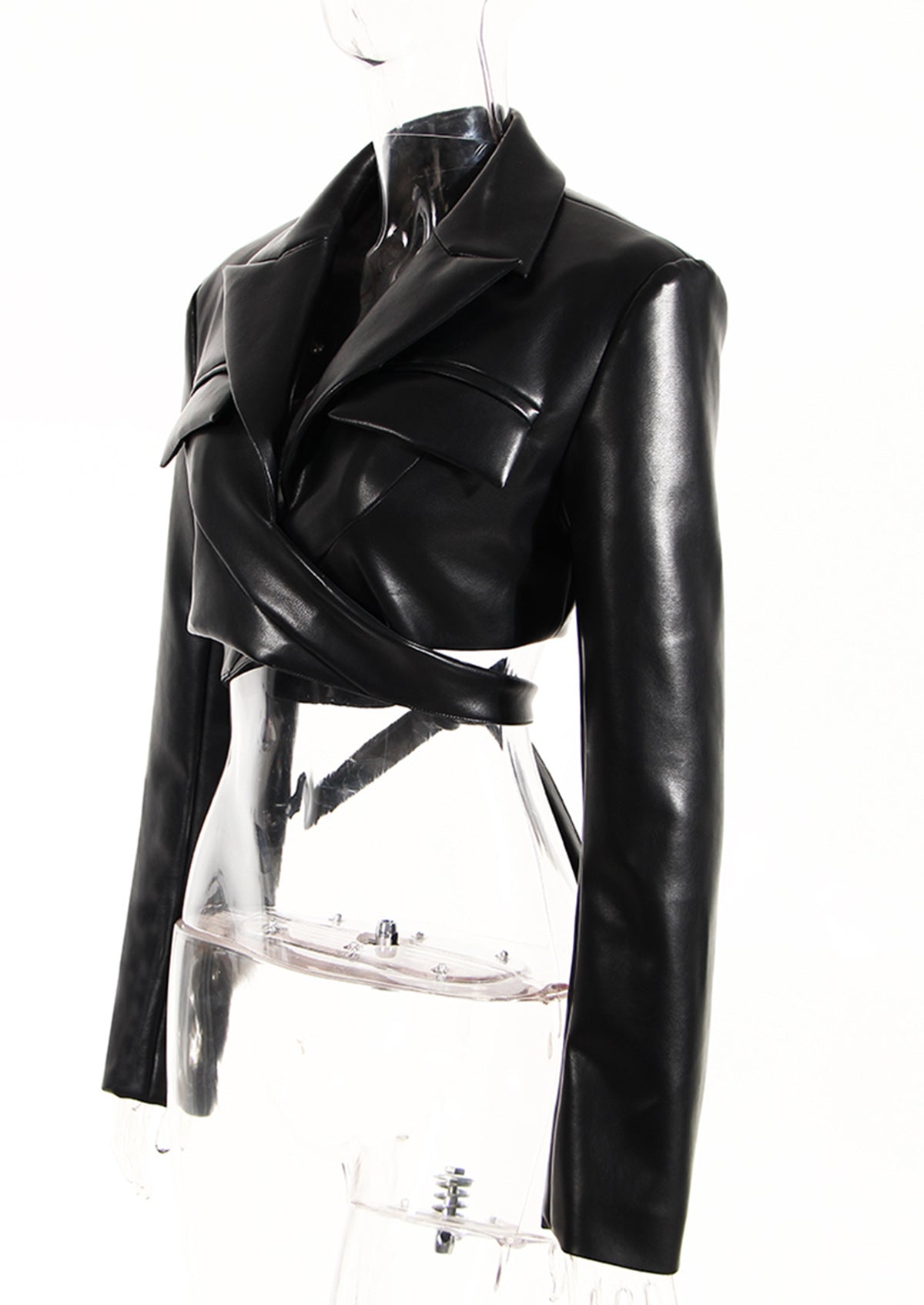 Black Field Full Open Criss Cross Lace Up Waist Controlled Show Chest Long Sleeve Faux Leather Short Coat Women