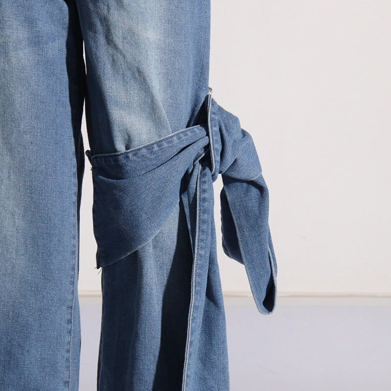 Spring Retro Washed Distressed Stitching Bow Design High Waist Slimming Straight Jeans Women - Modestly Vogue 