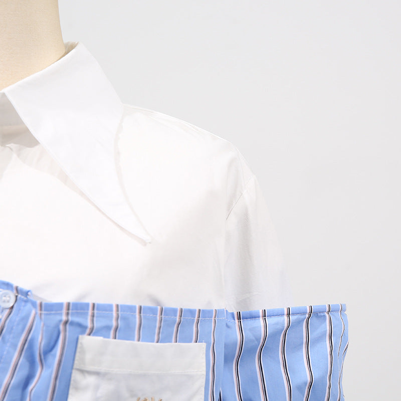 Blue Simple Office Top Women Summer Comfort Faux Two Pieces Casual Striped High Grade Women Shirt - Modestly Vogue 