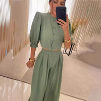 Summer Striped Half Sleeve Top Trousers Suit Women Clothing - Modestly Vogue 