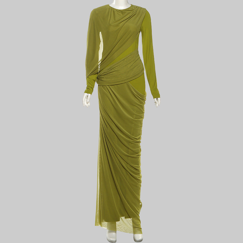 Women’s Autumn Winter Slim Fit Asymmetric Pleated Maxi Dress