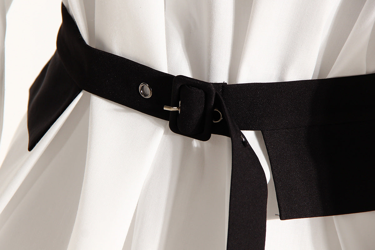 Black Elegant Outfit Slimming Puff Sleeve White Shirt Waist Trimming Lace up Two Piece Vest Set