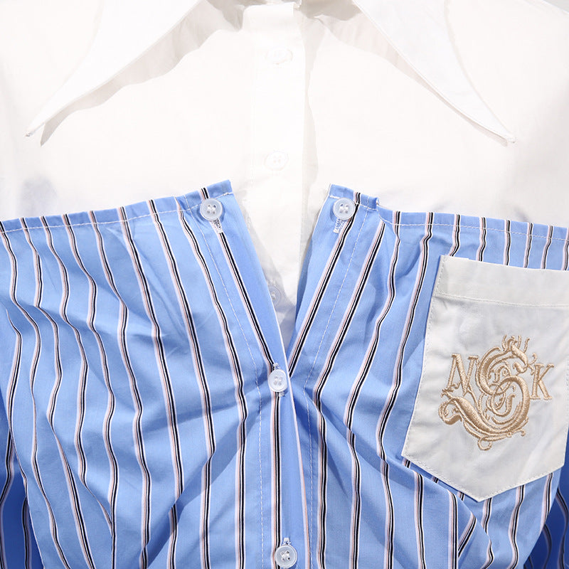 Blue Simple Office Top Women Summer Comfort Faux Two Pieces Casual Striped High Grade Women Shirt - Modestly Vogue 