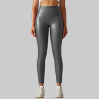 Faux Leather High Waist Solid Color Running Fitness Yoga Pants Leggings - Modestly Vogue 