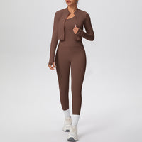 Women Solid Color Zip Long Sleeve Three Piece Yoga Set - Modestly Vogue 