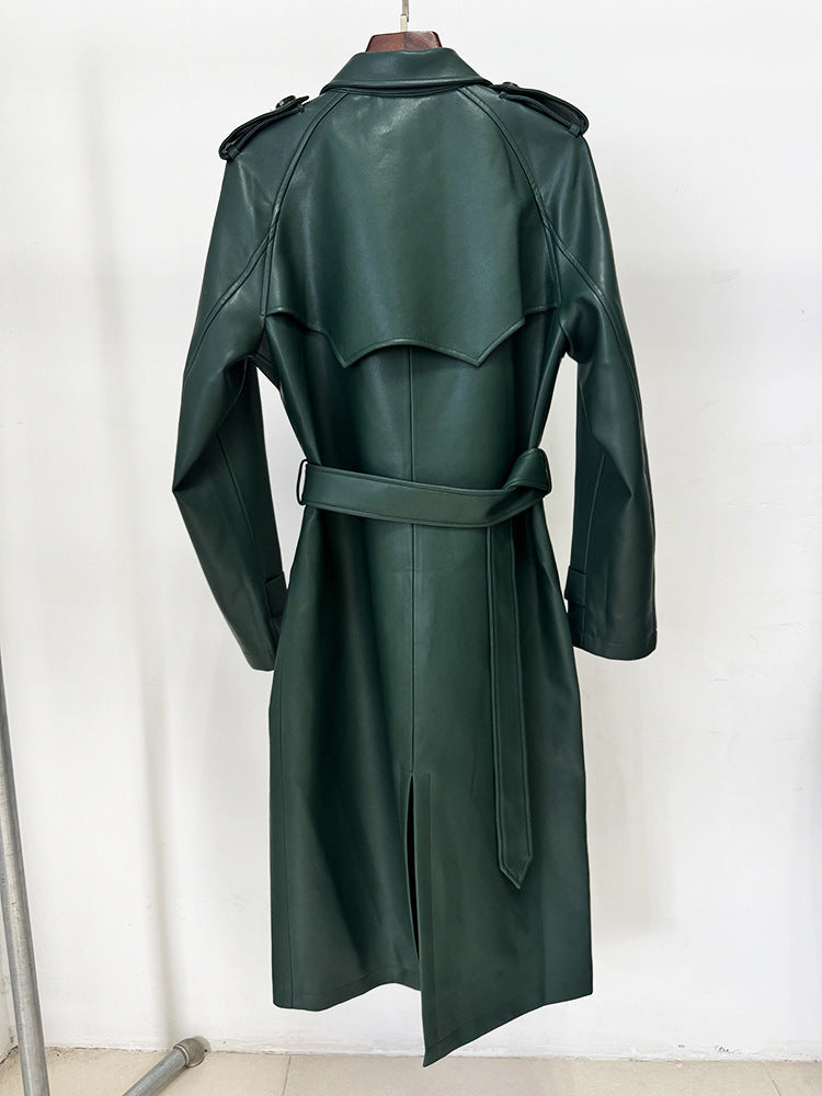 Double Breasted Belted Mid-Length Leather Trench Coat - Modestly Vogue 