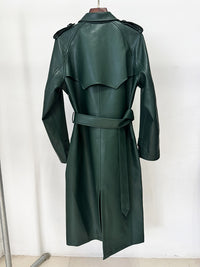 Double Breasted Belted Mid-Length Leather Trench Coat - Modestly Vogue 