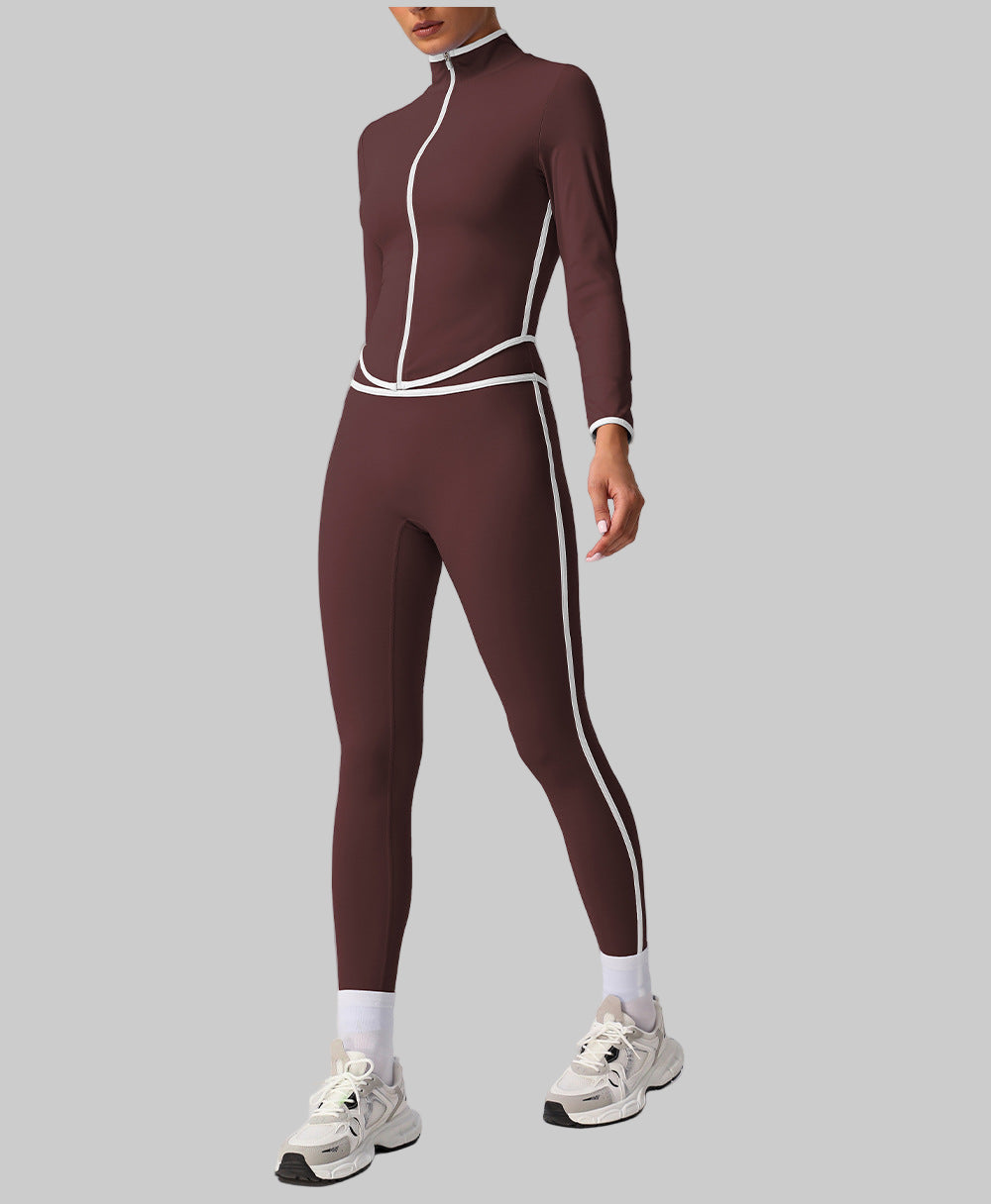 Contrast Color Yoga Jacket – Long Sleeve Stand Collar Workout Top