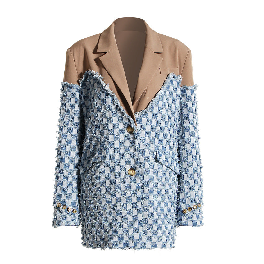Blue Women Autumn Winter Color Contrast Patchwork Plaid Washed Worn Frayed Hem Denim Jacket