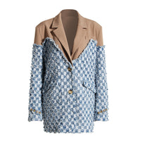 Blue Women Autumn Winter Color Contrast Patchwork Plaid Washed Worn Frayed Hem Denim Jacket