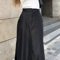 Black Cotton Silk Women Clothing Autumn Split High Waist Office Drape Skirt Skirt - Modestly Vogue 