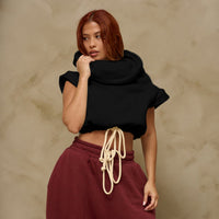 Women Clothing Autumn Winter Solid Color Casual Large Collar Sleeveless Contrast Color Drawstring Hooded Sweater Top