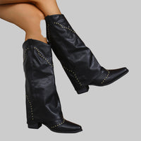 Retro Rivet High Top Western Cowboy Boot Women Long Mid Heel Pointed Toe Slip on Knight Boots Long Bootsh