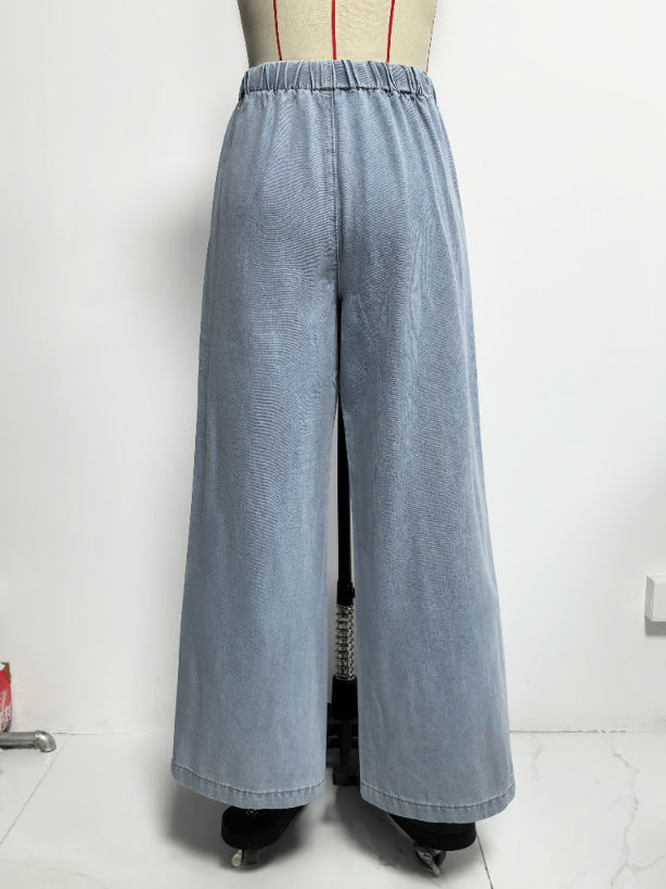 Women Spring Summer Sleeveless Lace up Vest Lace up Wide Leg Jeans Denim Set - Modestly Vogue 