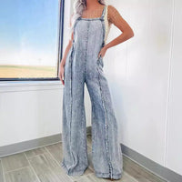 Spring Loose Fitting Overalls Women Retro Washed Raw Hem Wide Legs Jumpsuit - Modestly Vogue 