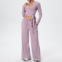 Brushed Quick Drying Yoga Suit Sling Beautiful Back Strap Long Sleeve Hammer Yoga Trousers Three Piece Set - Modestly Vogue 