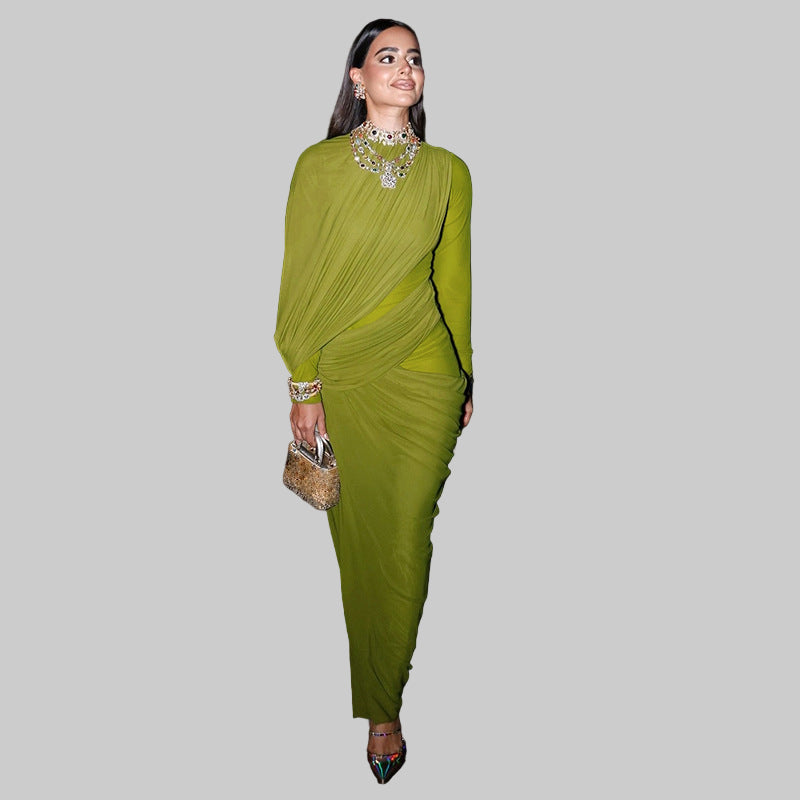 Women’s Autumn Winter Slim Fit Asymmetric Pleated Maxi Dress