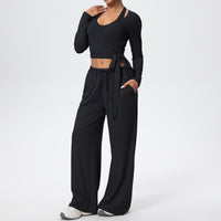 Brushed Quick Drying Yoga Suit Sling Beautiful Back Strap Long Sleeve Hammer Yoga Trousers Three Piece Set - Modestly Vogue 