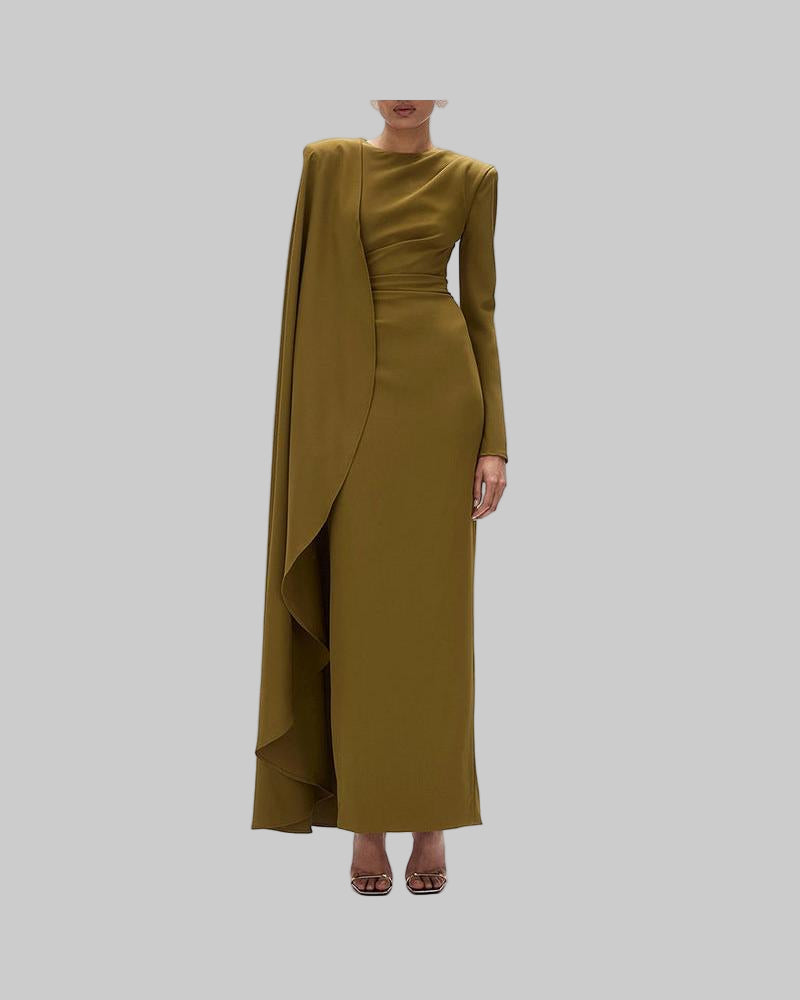 Earthtone Dress Women Solid Color round Neck Irregular Asymmetric Shawl Dress - Modestly Vogue 