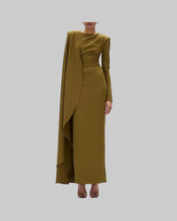 Earthtone Dress Women Solid Color round Neck Irregular Asymmetric Shawl Dress - Modestly Vogue 