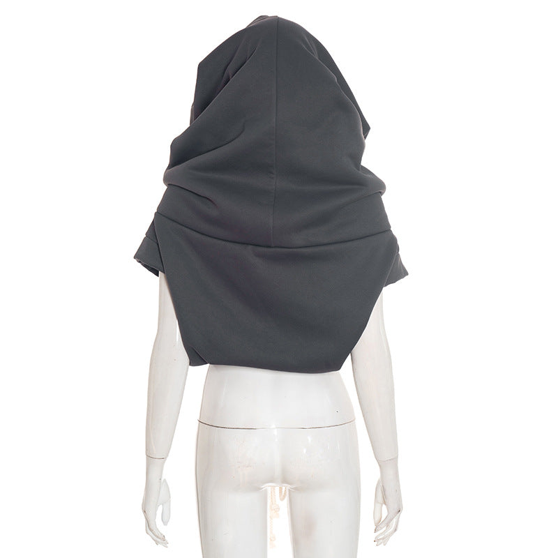 Women Clothing Autumn Winter Solid Color Casual Large Collar Sleeveless Contrast Color Drawstring Hooded Sweater Top