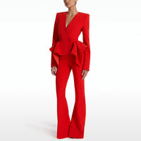 Red Tailored Peplum Jacket Bootcut Two Piece Pant Set Suit - Modestly Vogue 
