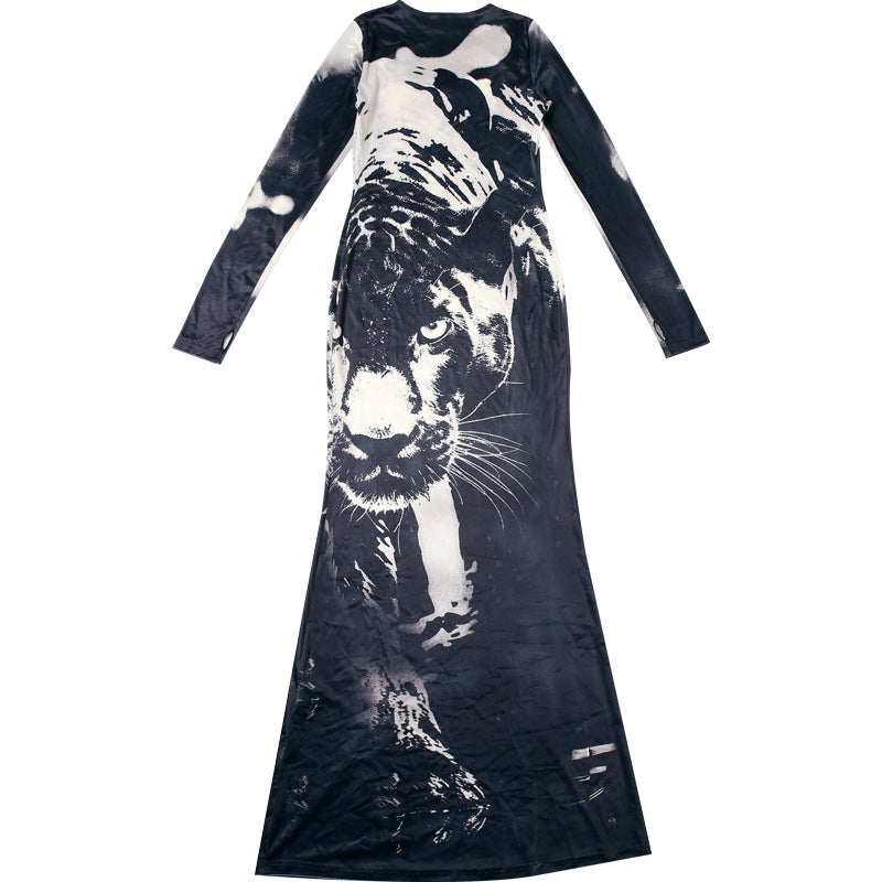 Animal Print Round Neck Long Sleeve Maxi Dress - Modestly Vogue 