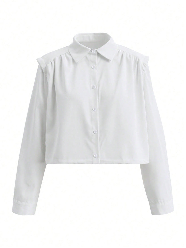 Spring Summer Women Solid Color Single Breasted Drawstring Ruffle Shirt - Modestly Vogue 