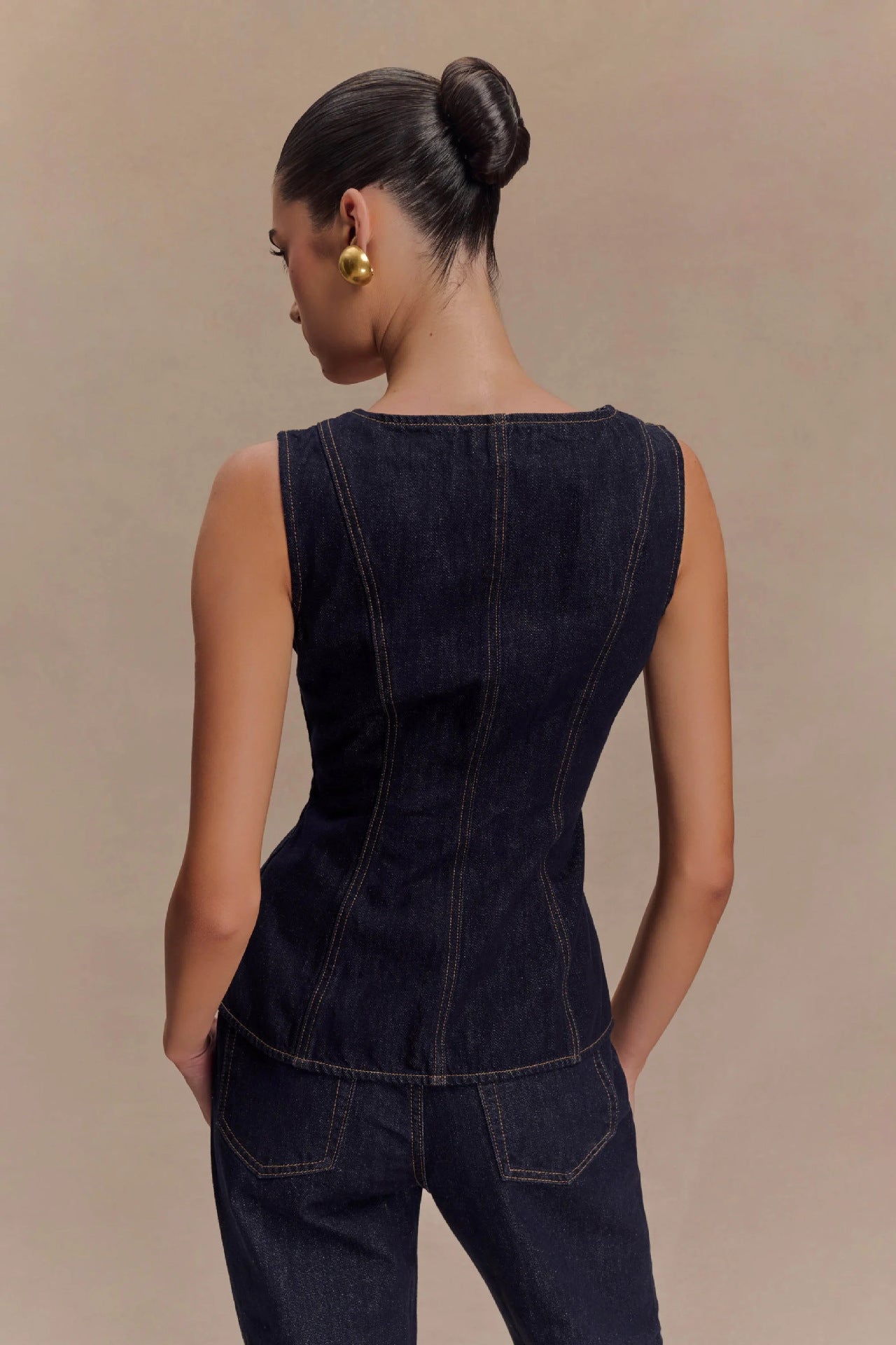 Women Modern Button High Waist Denim Top Trousers Set - Modestly Vogue 