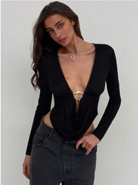 Black Hardware Plunging Neckline Top - Modestly Vogue 