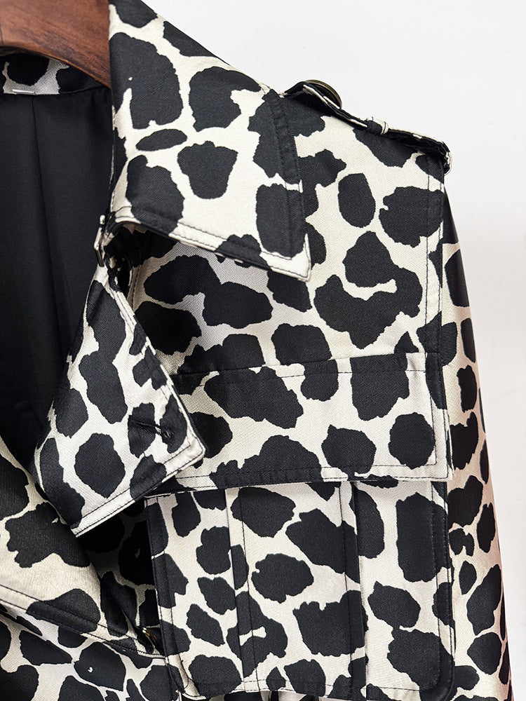 Belt Leopard Jacquard Long Trench Coat | Statement Outerwear - Modestly Vogue 