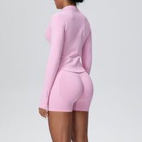 Stand Collar Knitted Long Sleeve Zipper Yoga Jacket Tight Quick Drying Yoga Shorts Fitness Yoga Wear Set for Women - Modestly Vogue 