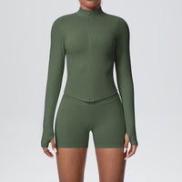 Stand Collar Knitted Long Sleeve Zipper Yoga Jacket Tight Quick Drying Yoga Shorts Fitness Yoga Wear Set for Women - Modestly Vogue 