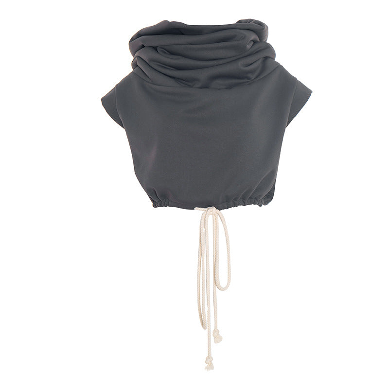 Women Clothing Autumn Winter Solid Color Casual Large Collar Sleeveless Contrast Color Drawstring Hooded Sweater Top