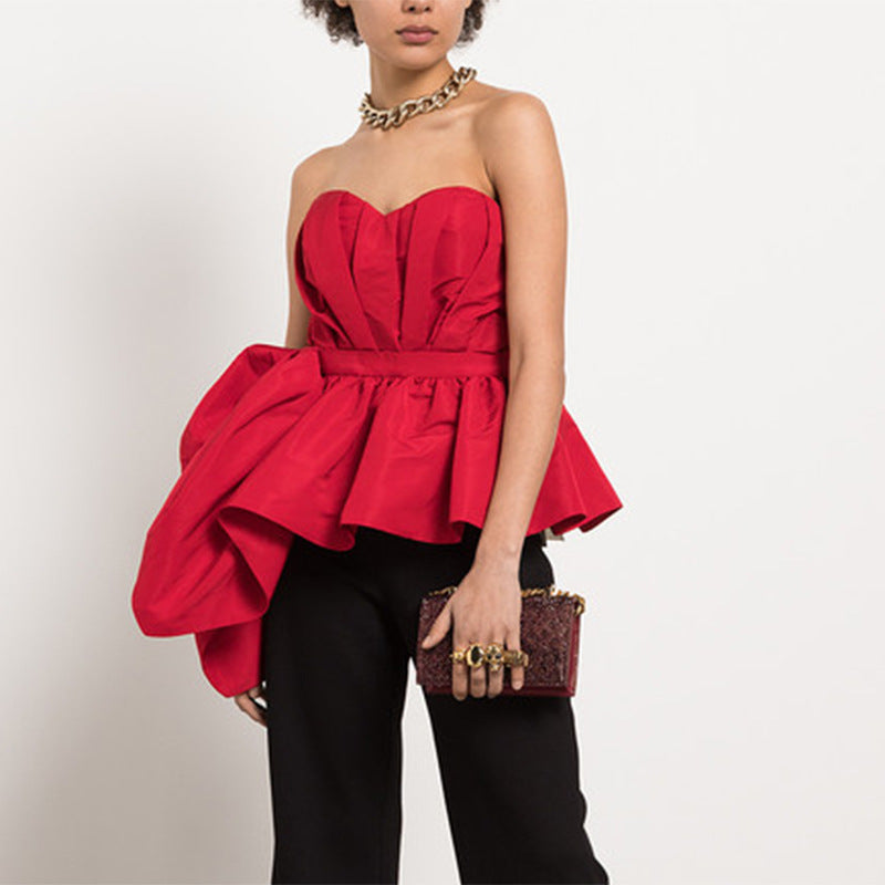 Deep Vest Summer Non Specification Ruffled Tube Top Cinched Waist Evening Top - Modestly Vogue 