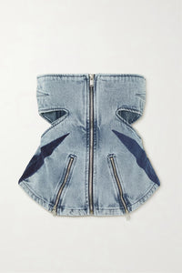 Blue Denim Patchwork Tube Top Three Jeans Two Piece Set - Modestly Vogue 