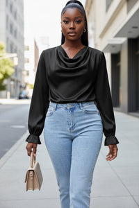 Women’s Ruffle Sleeve Satin Shirt – Elegant Long Sleeve Blouse - Modestly Vogue 