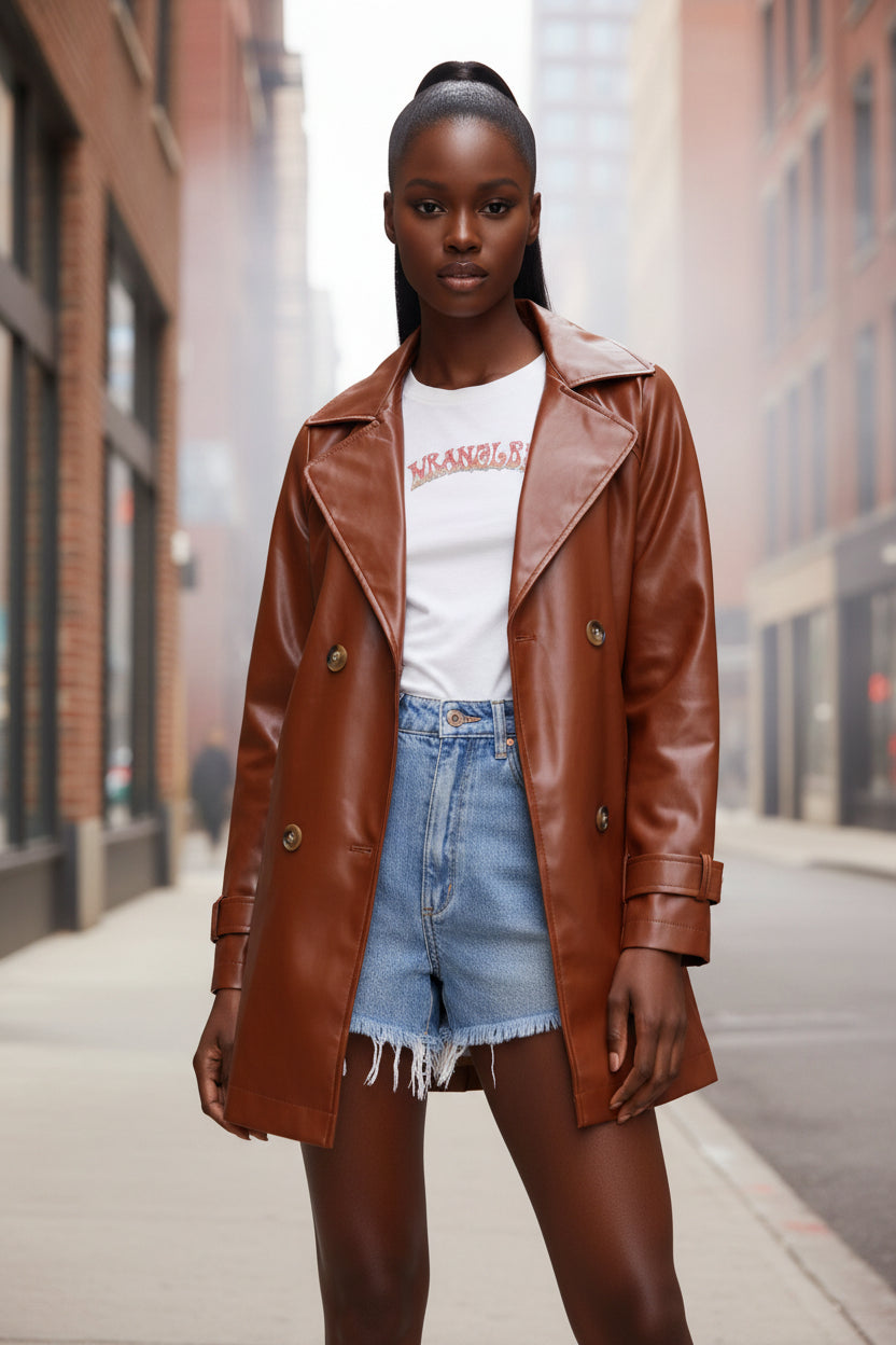 Design Brown Leather Coat Women Clothing Autumn Leather Jacket Mid Length Coat - Modestly Vogue 