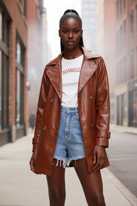Design Brown Leather Coat Women Clothing Autumn Leather Jacket Mid Length Coat - Modestly Vogue 