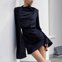 Autumn Winter Irregular Asymmetric Navy Blue Long-Sleeved Dress Women Slim Slimming Sheath - Modestly Vogue 