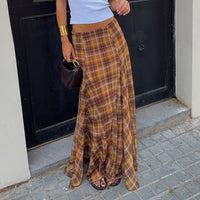 Retro Patchwork Plaid A line Long Skirt
