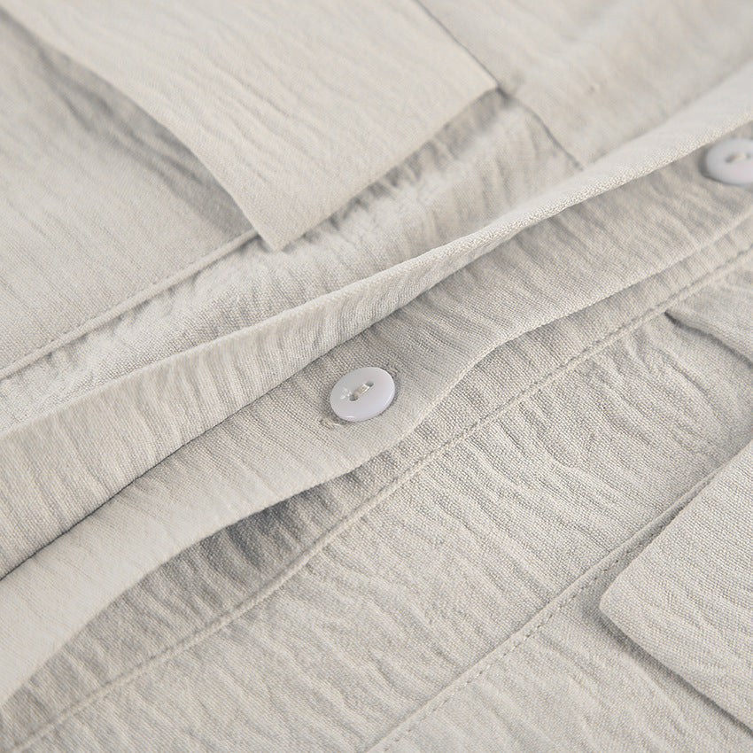 Light Khaki Textured Lace Up Waist Jumpsuit Short Sleeve Jumpsuit - Modestly Vogue 